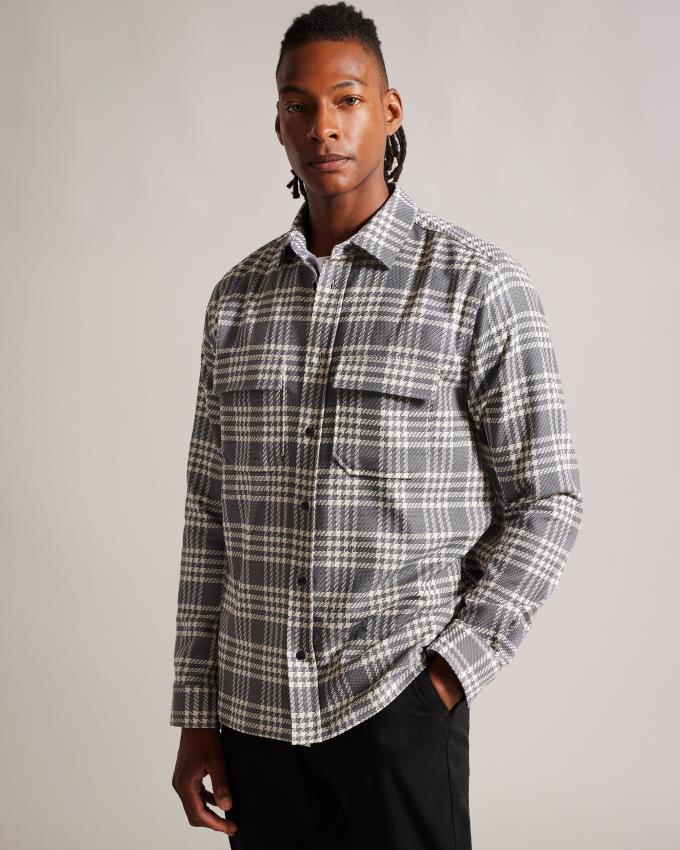 Chemises Ted Baker Long Sleeve Textured Check Grise Clair Homme | AXZ-36947783